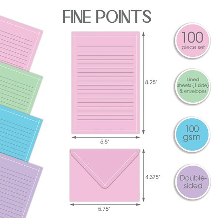 Better Office Products Mini Stationery Set, 50 Lined Shts+50 Env, 4 Solid Colors/Thin White Border, 5.5in.x8.25in. 100PK 63904